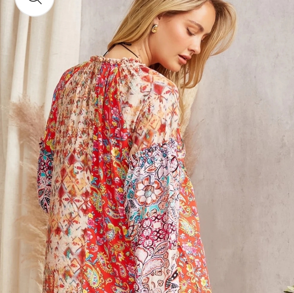 Savanna Jane Mixed Print Floral Embroidered Blouse Ruffle Tie Neck Boho L - Picture 2 of 16